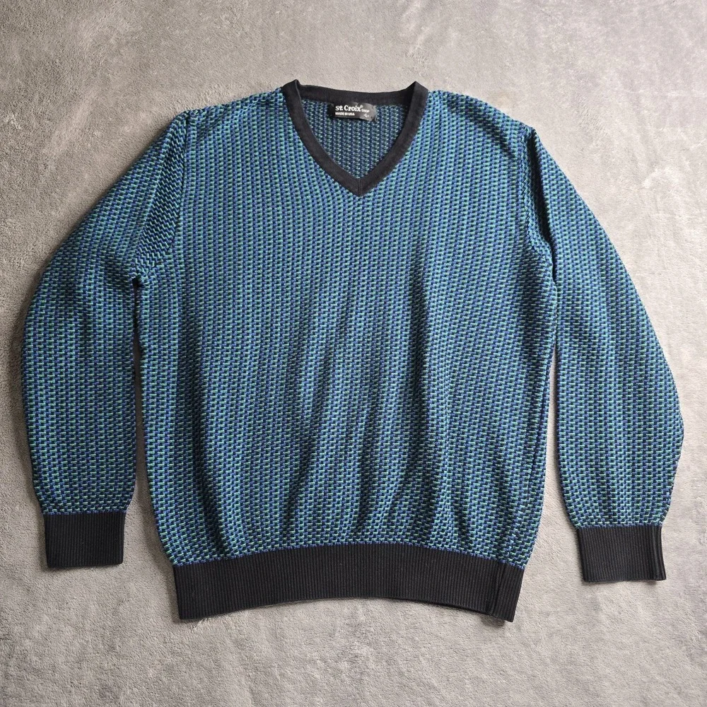 Vintage St Croix Sweater Mens Large Blue Green Geometric Long Sleeve Made In USA